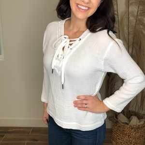 Anthropologie Cloth and Stone Gauze Lace Up Top